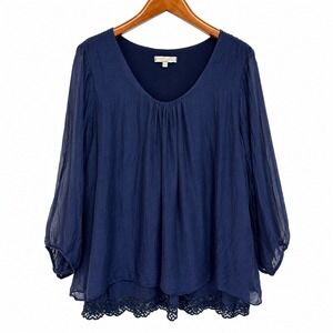Pronto Moda Giusy Italy Navy Blue 100% Silk Lace Trim Blouse Top 2X